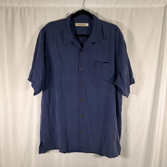 Tommy Bahama Silk Shirt Men's Large Blue Button Up Short Sleeve Collared - Picture 1 of 7